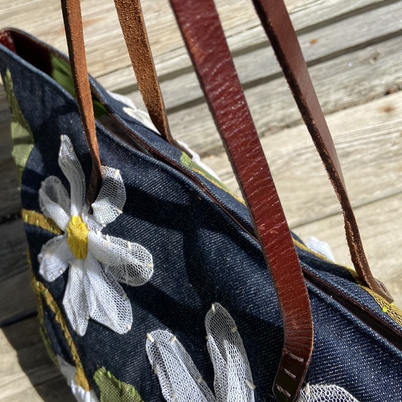 Fendi Floral Appliqué Denim Shopper Tote Bag Purse - Picture 11 of 16